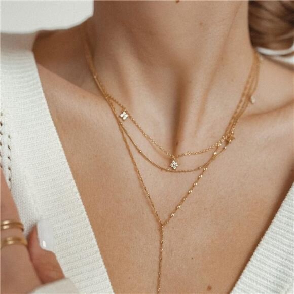 Diamond Pendant Necklace for Women， Dainty Gold Layered Necklaces 14k Gold Plate - Picture 5 of 8